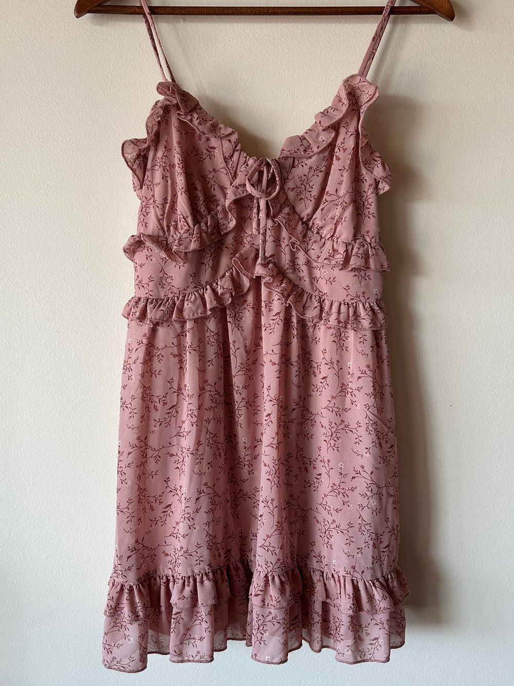 Ruffled Floral-Print Mini Dress in Dusty Pink